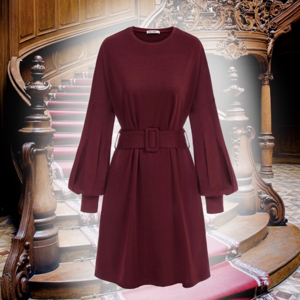 Grace Karin Lantern Sleeve Dress/Belt | Wine | LG